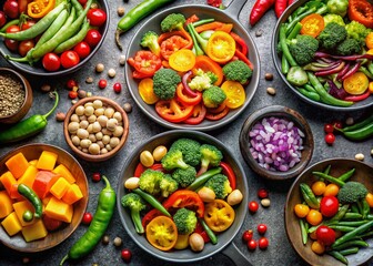 Macro Photography: Colorful Vegetable & Food Dishes on Grey Background - Diverse Culinary Still Life