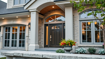 Luxury House Exterior: Modern Architecture and Landscaping Design.  Stunning home entrance with stone facade, large windows, and elegant landscaping.