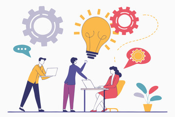 Business team, brainstorming, lightbulb made of speech bubbles, creative ideas, collaboration, diverse professionals, flat illustration style, vibrant colors, minimalist background, conceptual design