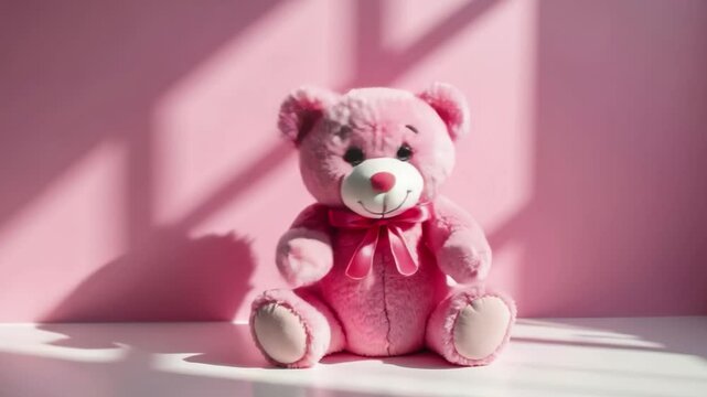 Cute smiling pink teddy bear doll in pink room. Background with shadow reflection. Playful bright pink bear sitting. Teddy bear plush stuffed puppe