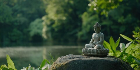 A Buddha statue peacefully placed on a rock by a serene lake, representing tranquility and meditation.
