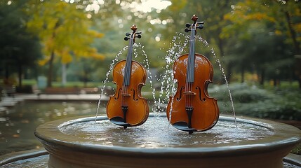 Spiral water feature with golden musical instruments.