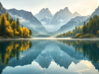 Obraz premium Wide shot of a serene lake with mountains, forests and reflections at dawn with soft light