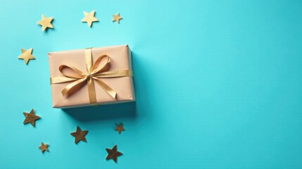 A simple gift, tied with a golden ribbon, rests on a vibrant blue background, surrounded by sparkling golden stars, symbolizing joy and celebration.