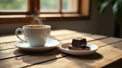 Warm morning beverage with dark chocolate squares on rustic wooden surface near sunlit window