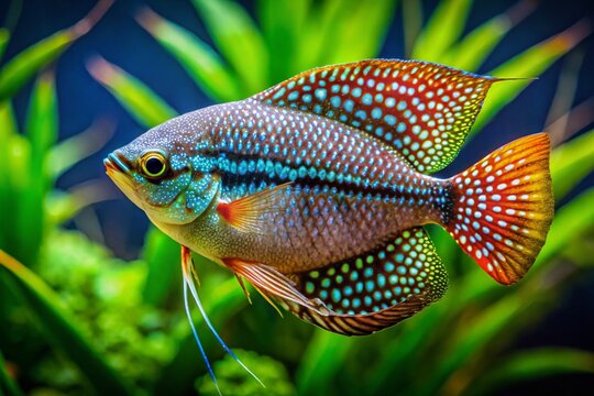 Macro Photography: Pearl Gourami Fish in Aquarium, Close-up Detail of Scales and Fins