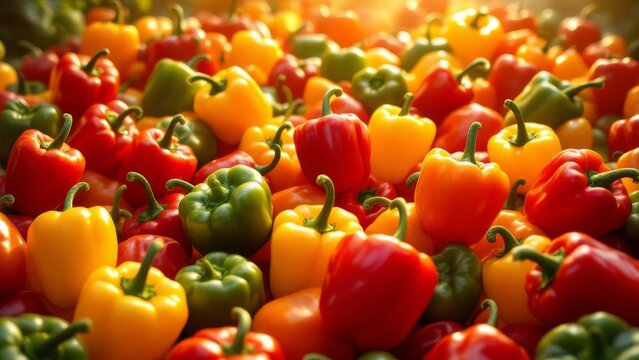 Close-up of a colorful group of red, yellow, and green bell peppers