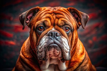 Obraz premium Macro Photography: Red Brindle English Bulldog Sitting, Close-Up Detail of Fur and Wrinkles