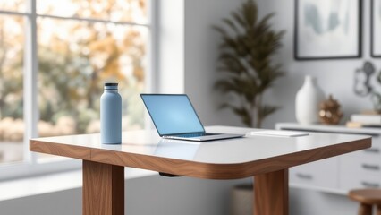 Fototapeta premium Clean Minimalist Desk with Laptop, Blue Bottle, and Blurred Window View