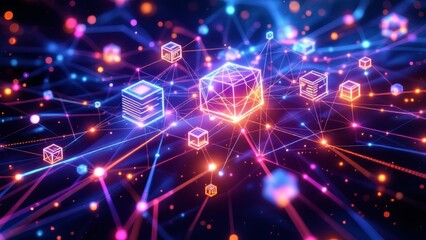 Fototapeta premium Abstract Network with Glowing Cubes and Connecting Lines in Neon Colors