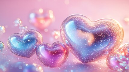 Fototapeta premium Iridescent hearts with glittering chrome textures floating in a pastel pink palette. Valentines Day