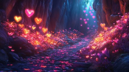 Obraz premium A magical canyon glowing with radiant pastel cliffs and shimmering heart-shaped floral patterns glowing softly