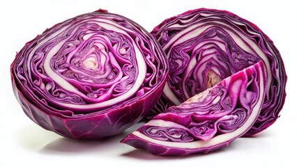 Fototapeta premium Macro Photography: Vibrant Red Cabbage Slices on White