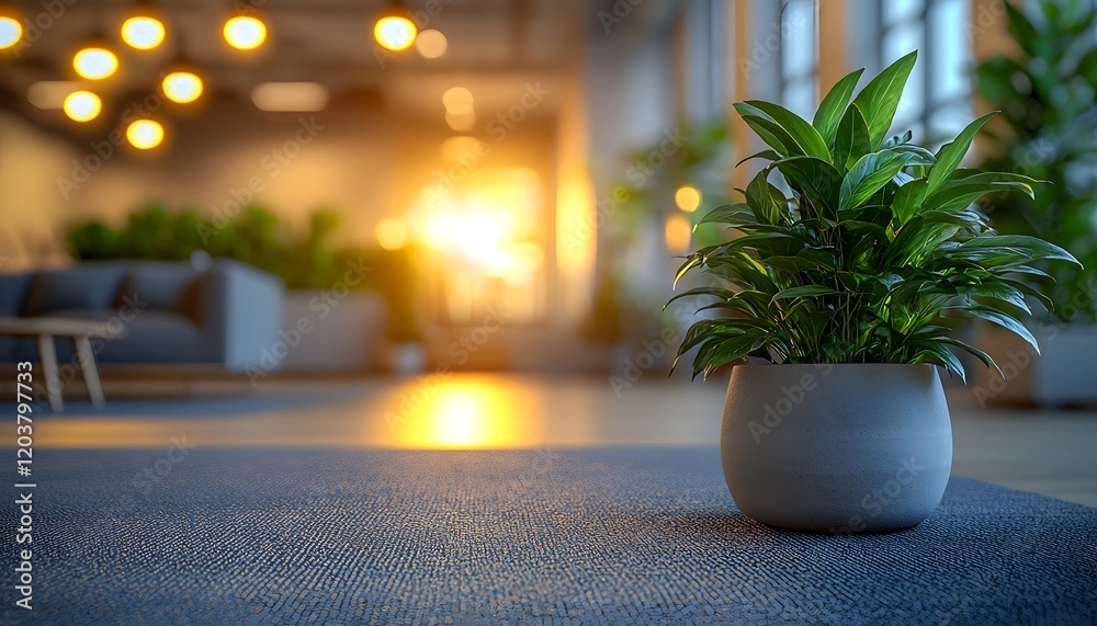 Poster modern interior space featuring a vibrant potted plant in the foreground, softly illuminated by warm
