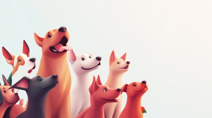 A joyful gathering of animated dogs looking up with excitement in a bright, minimalistic background