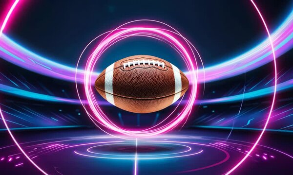 American football with neon red blue energy in a futuristic stadium. Copy space for text competition background