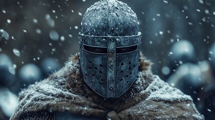 Portrait of a medieval warrior wearing fur and metal armor standing in snowfall