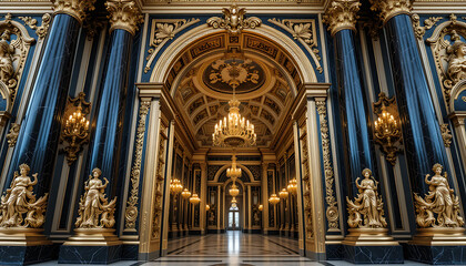 Obraz premium Grand Palace Hall Gold Statues Blue Marble Columns Chandeliers Elegant Interior