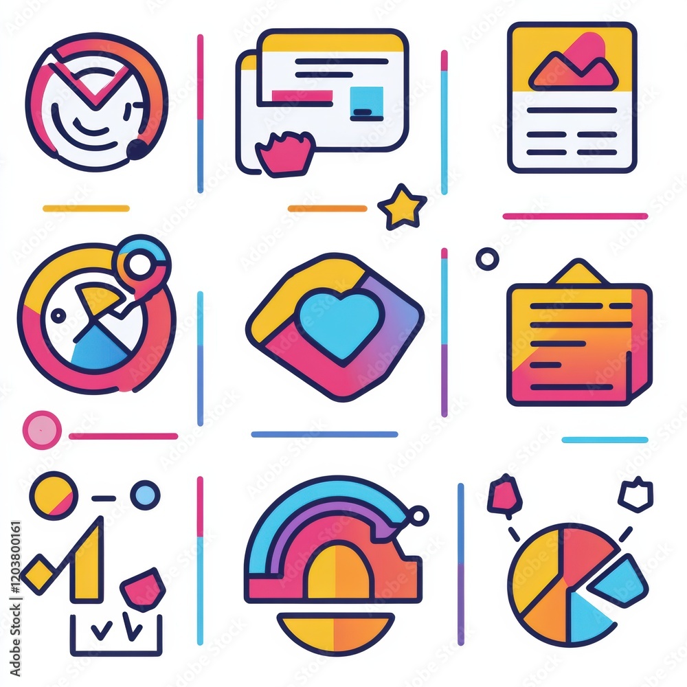 Poster Visual collection of colorful digital icons showcasing various design elements and data representations in a modern layout. Generative AI