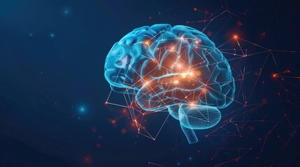 Naklejka premium An image of the human brain in the form of a growing neural network with bright neon lines on a dark background. The concept of technology and neuroscience.