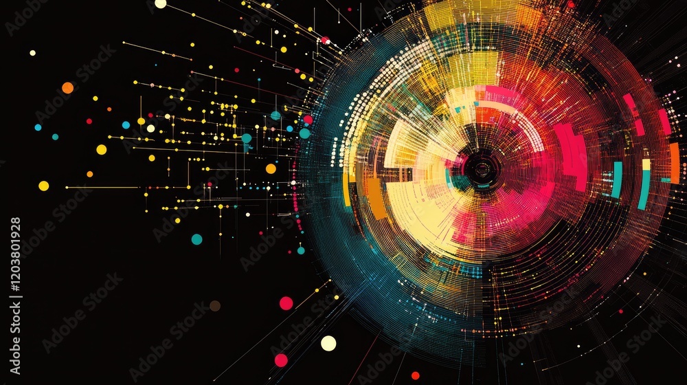 Poster vibrant circular diagrams showing synthetic data generation for machine learning.