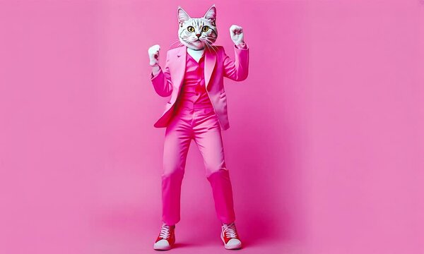 Cat dancing funny nin pink suit.