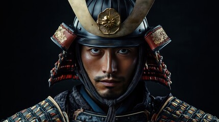 Portrait of a samurai in armor on solid black background