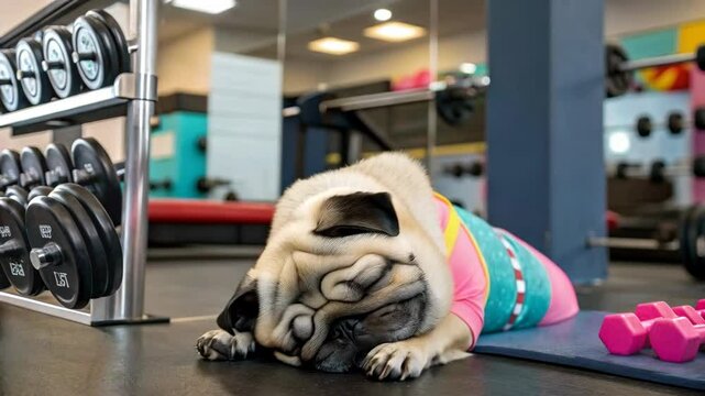 Funny cute pug dog have no motivation to do fitness workout at gym. Funny lazy sport pug. Tired of sport training, lying on the mat, want to sleep instead exercises. Funny pet sport and laziness