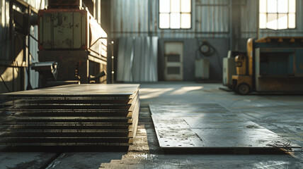 Metal Sheets Ready for Cutting in Workshop: A bundle of metal sheets arranged neatly beside an industrial cutting machine, emphasizing efficient production processes.