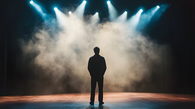 A professional actor on a theater stage delivering a dramatic monologue under a spotlight.
