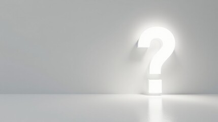 Illuminated Question Mark on a Pristine White Wall, Symbol of Inquiry and Uncertainty, Minimalist Design Concept