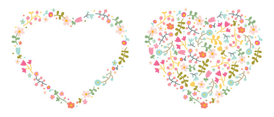 Hand drawn collection of floral hearts isolated on white. Vector flower frames for Valentines Day, Mothers Day, prints and cards. Blooming botanical. Cute illustration.