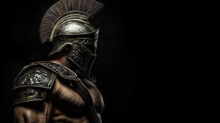 A portrait of roman soldier (gladiator) against a solid black background