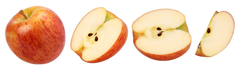 red apple (Envy Apple), half and slice isolated, fresh apple, transparent PNG, PNG format, collection, set