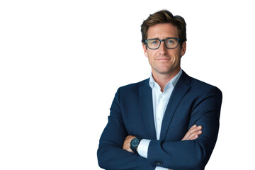 Business man in glasses and formal clothes looking at viewer with confidence and friendly smile, standing with arms crossed, isolated on blue background	