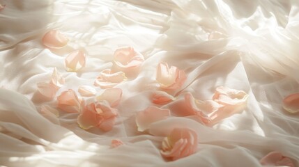 Delicate rose petals on silk, bathed in soft morning light, evoking a dreamy, romantic ambiance.