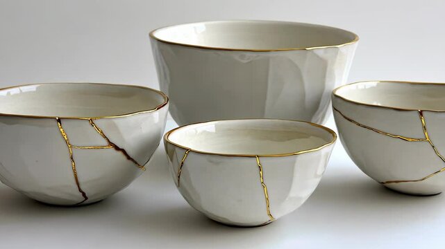 Elegant collection of upcycled ceramic bowls showcasing kintsugi craftsmanship with golden accents