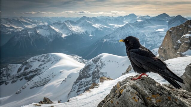 Majestic Alpine Chough Perched on Mountain Peak, Dramatic Portrait