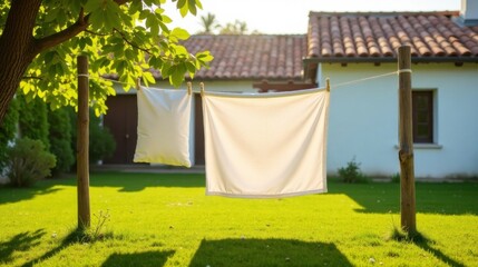 Sunlight illuminates freshly laundered linens drying on a rustic clothesline in a verdant garden setting
