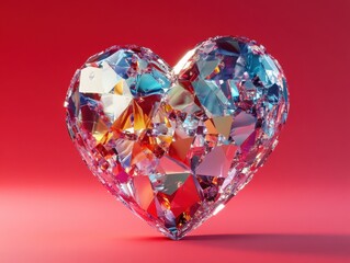 Shattered Crystal Heart on Red Background: A Symbolic Representation of Heartbreak and Emotional Pain