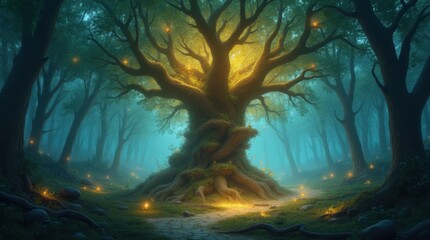 Glowing Giant Tree in a Mystical Forest