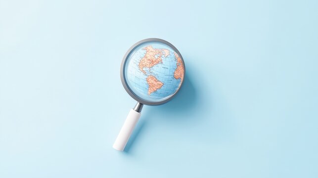 SEO Icon Symbol Minimal Design. Globe under a magnifying glass on a light blue background, symbolizing exploration and discovery.