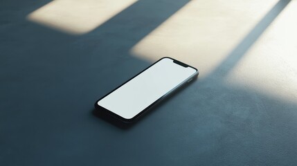 Blank mockup template of a smartphone placed on a smooth light gray surface, with subtle reflections and simple lighting.