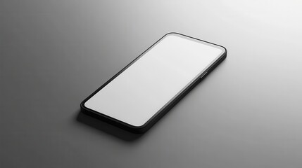 Blank mockup template of a sleek smartphone resting on a smooth gray surface, with soft lighting and minimalistic design.