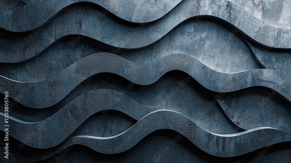 Poster abstract curved wave pattern on dark textured surface with depth and shadow