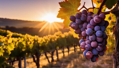 Naklejka premium glistening purple grapes hanging from vine in golden hour vineyard