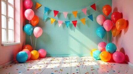 A festive room filled with colorful balloons and confetti, perfect for a joyous celebration