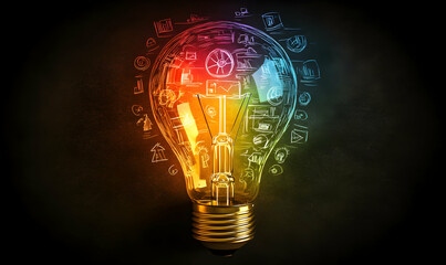 Illuminated lightbulb filled with colorful business sketch icons, representing innovation, ideas, and creative solutions.