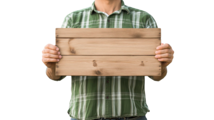 Person Holding Blank Wooden Sign Transparent Background Studio Setting Portrait View Customizable Content