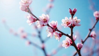 Obraz premium Close-up of blooming pale pink tree branches against a vibrant blue sky, symbolizing spring 
